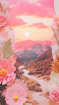 Pink sunset craft collage art landscape mountain.