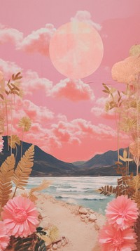 Pink sunset craft collage art outdoors painting.