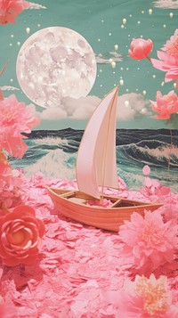 Pink sea craft collage art watercraft sailboat.