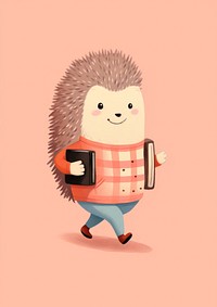 Hedgehog student holding cartoon mammal.