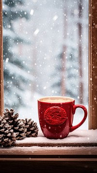 Cacoa in red mug with window windowsill christmas.