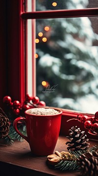 Cacoa in red mug window christmas coffee.