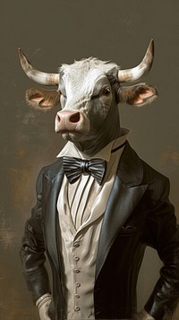 Bull costumes wearing tuxedo surrealism wallpaper portrait animal livestock.