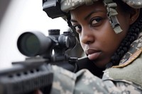 Black female soldier military weapon army.