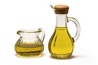Olive oil glass jug white background.