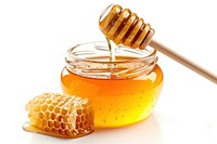 Photo of honey honeycomb food white background.
