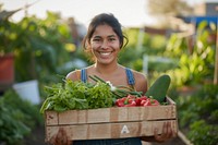 Young Latino woman carrying a vegetable box smile adult outdoors.