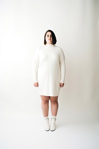 Plus size woman wearing blank white knit mock turtleneck short dress footwear standing fashion.