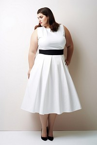 Plus size woman wearing blank white waistcoat dress with box pleat skirt adult white background hairstyle.