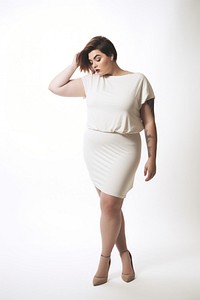 Plus size woman wearing blank white short fitted dress sleeve shorts adult.