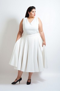 Plus size woman wearing blank white waistcoat dress with box pleat skirt footwear fashion adult.