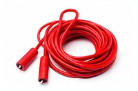 Red skipping ropes white background stethoscope headphones.