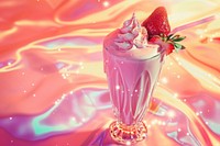 Strawberry milkshake dessert sundae food.