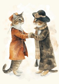 Two cats shaking hands watercolor animal mammal pet.