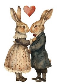 Two rabbits hugging watercolor rodent mammal representation.