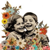 Paper collage of two kids smiling flower portrait plant.