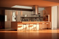 Modern kitchen interior furniture flooring refrigerator.