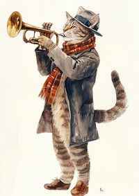 Cat playing trumpet watercolor clothing animal mammal.