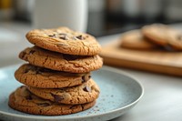 Chocolate chip cookies plate biscuit bread.