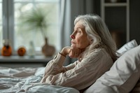 Old woman thinking worried bedroom adult.