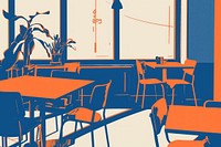 Orange and blue restaurant architecture furniture table.