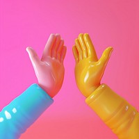 Two hands clapping in high-five gestures finger glove clothing.