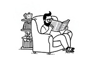 Man reading a book drawing furniture armchair.