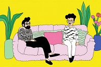 A couple sitting on a couch furniture drawing cartoon.