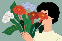 Woman holding flowers cartoon drawing plant.