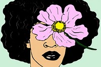 Woman with flower on her face drawing cartoon sketch.