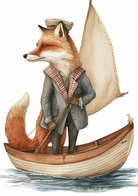 Fox on sailing boat watercolor animal mammal adult.