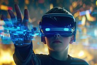 A boy wearing a pair of VR glasses illuminated accessories technology.