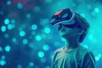 A boy wearing a pair of VR glasses portrait photo illuminated.
