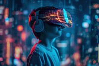 A boy wearing a pair of VR glasses city architecture illuminated.