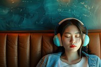 Asian woman headphones listening headset.