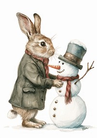 Rabbit building snowman watercolor rodent mammal animal.