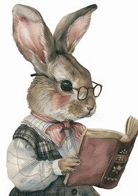 Rabbit reading book watercolor clothing rodent mammal.