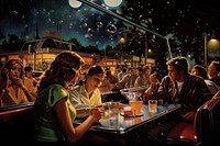 A crowded diner in nighttime nightlife adult party.