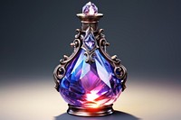 Magic potion in bottle gemstone perfume illuminated.