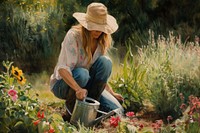 Woman gardening with a watering can landscape outdoors nature.