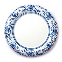 Blue white wood texture ceramic circle Renaissance frame vintage porcelain plate white background.