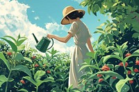 A woman is gardener watering plants in garden outdoors gardening nature.