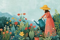 A woman is gardener watering plants in garden outdoors gardening painting.