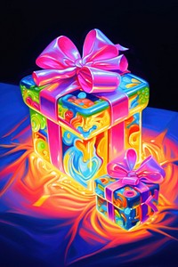 Black light oil painting of gift box purple yellow blue.