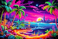 Black light oil painting of miami vibes outdoors nature purple.