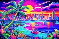 Black light oil painting of miami vibes purple outdoors nature.