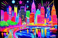Black light oil painting of new york city purple neon architecture.