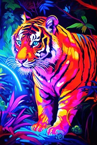 Black light oil painting of tiger wildlife animal mammal.