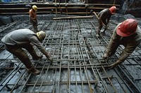 Workers make molds for reinforced concrete from reinforcing bars construction hardhat helmet.