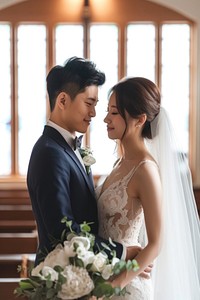 Asian bride and groom at church wedding fashion dress.